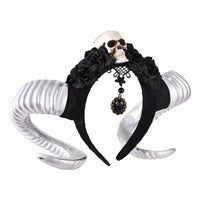 HKM-771155 Black Flower and Skull Headband with Sheep Horn Veil Decoration