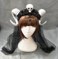 HKM-771155 Black Flower and Skull Headband with Sheep Horn Veil Decoration