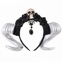 HKM-771155 Black Flower and Skull Headband with Sheep Horn Veil Decoration