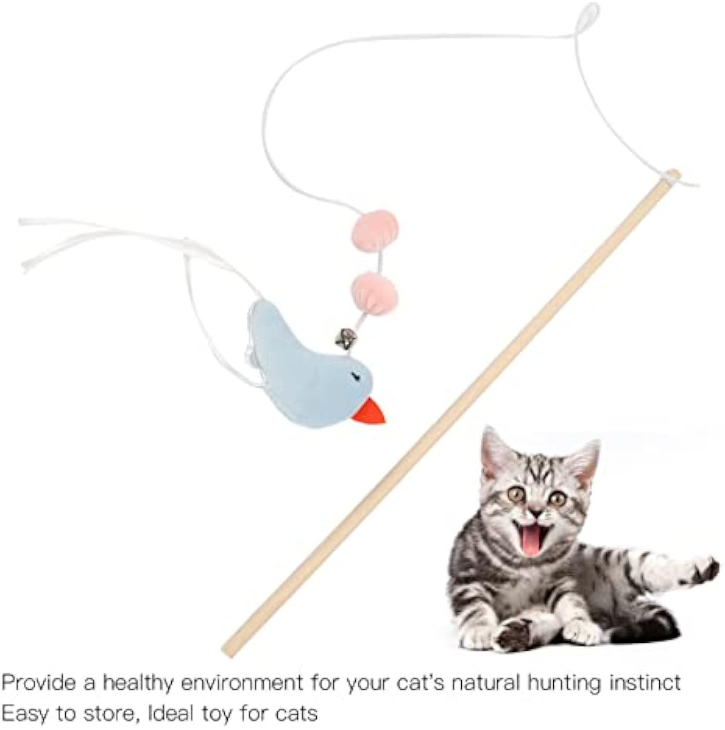 HKM-020243 Flexible Wooden Cat Teaser Stick with Bell and Elastic Rope for Interactive Play - 43cm
