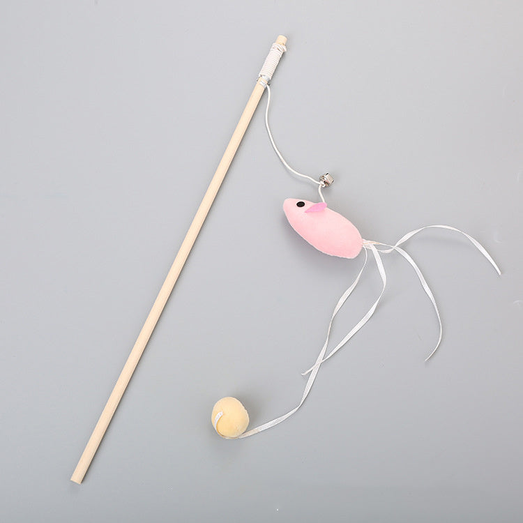 HKM-020243 Flexible Wooden Cat Teaser Stick with Bell and Elastic Rope for Interactive Play - 43cm
