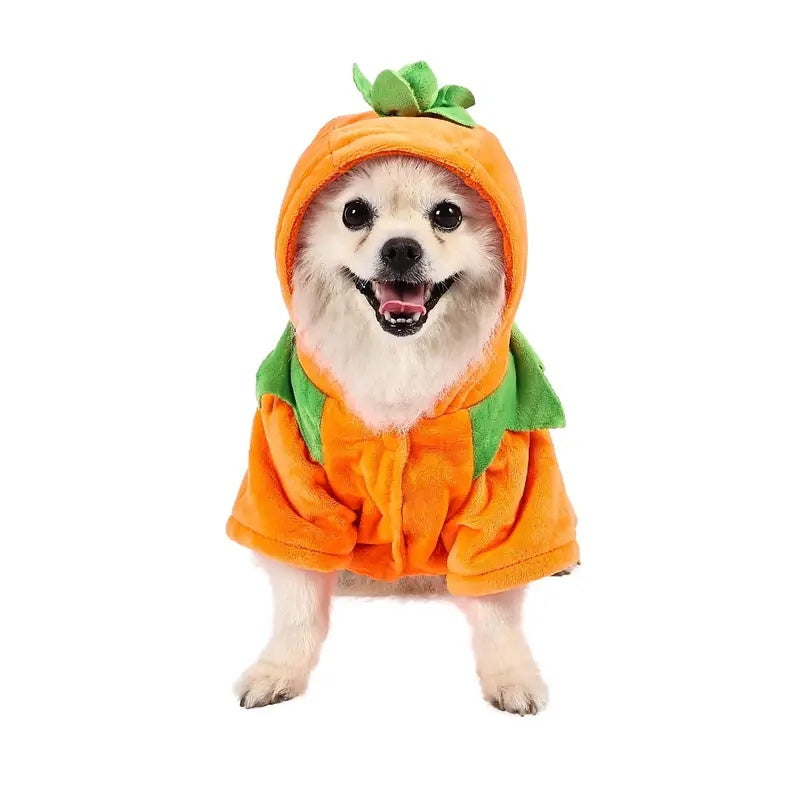 HKM-685843 Cozy Pumpkin Dog Hoodie with Handmade Leaves for Halloween Fun
