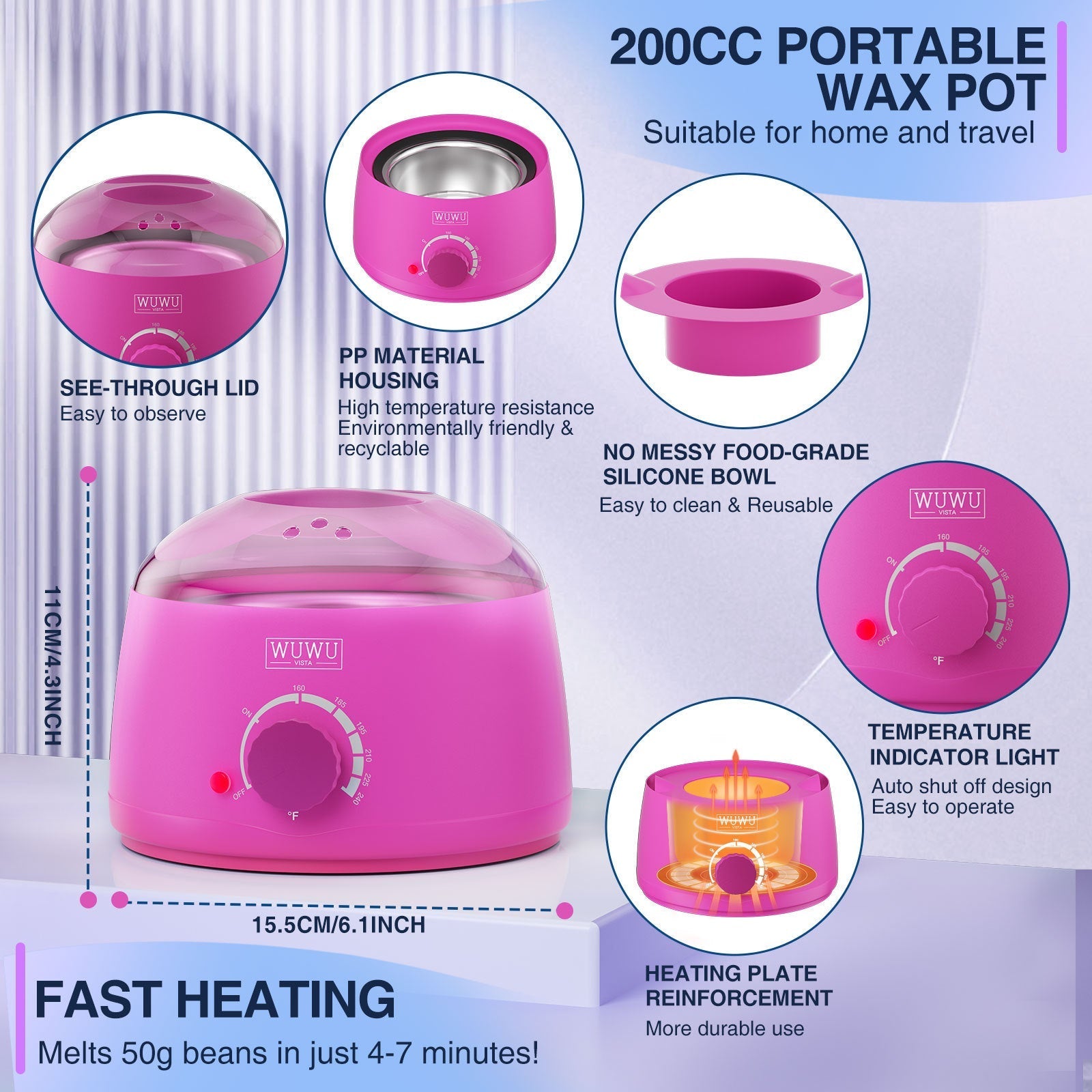HKM-444947 200CC Wax Warmer with 7oz Silicone Bowl - Portable Hair Removal Heater for Effortless At-Home Waxing