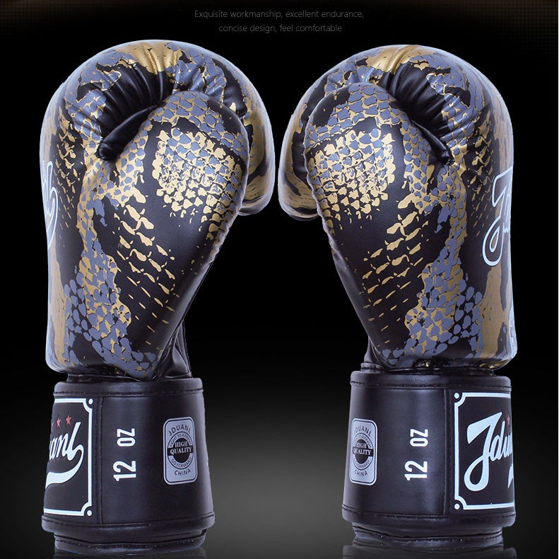 HKM-672019 Mad Python Boxing Gloves - PU Leather, 8oz/10oz/12oz/14oz - Black/White/Red - Ideal for Fighting, Boxing, Sanshou, Muay Thai