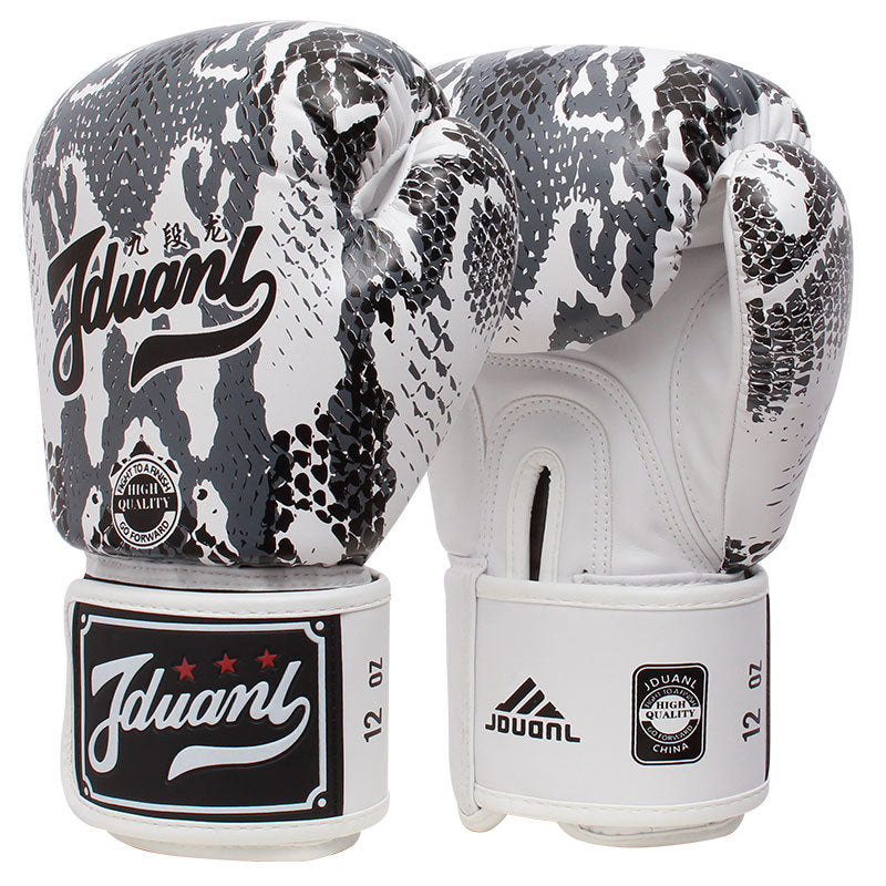 HKM-672019 Mad Python Boxing Gloves - PU Leather, 8oz/10oz/12oz/14oz - Black/White/Red - Ideal for Fighting, Boxing, Sanshou, Muay Thai