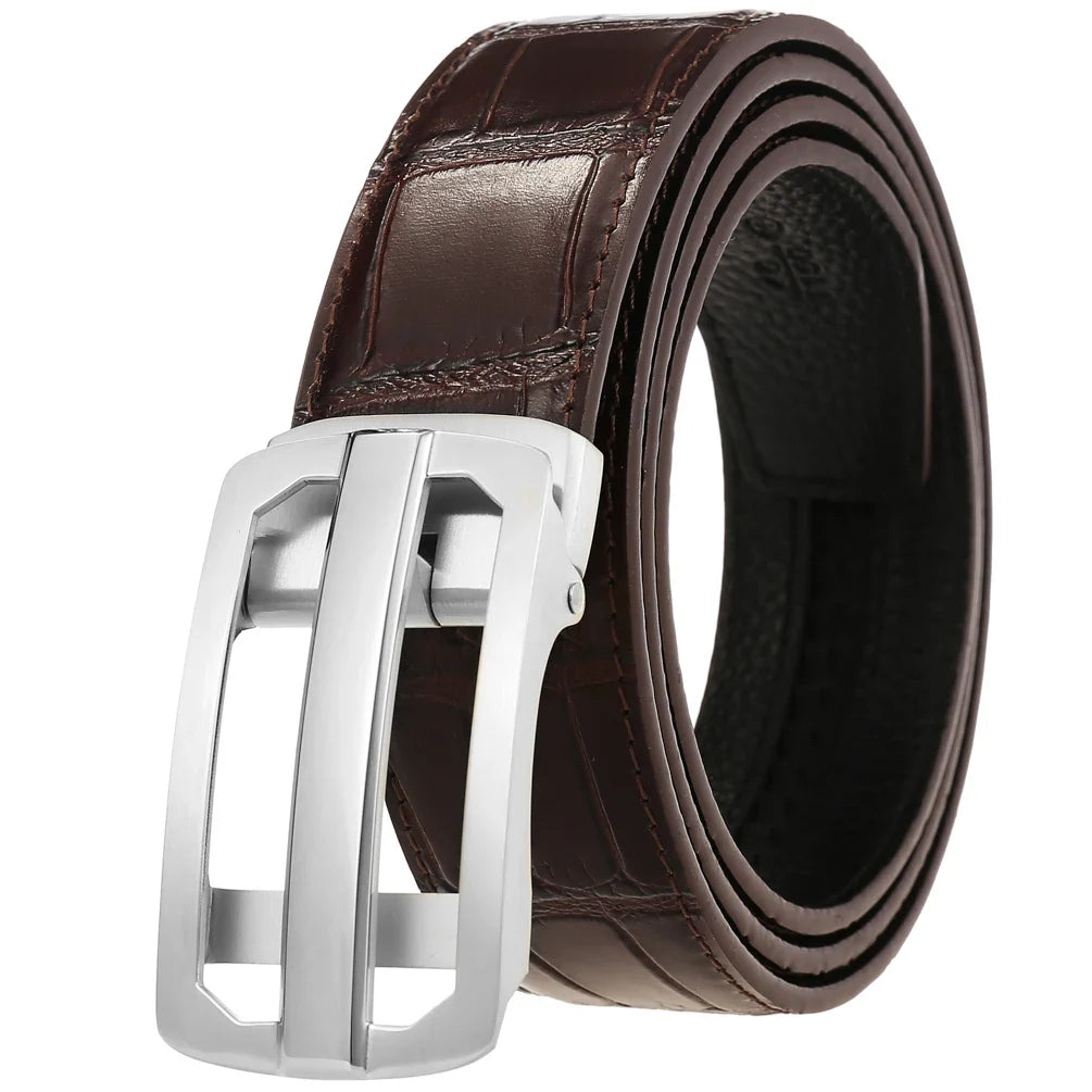 HKM-407379 Men's Stainless Steel Automatic Buckle Belt - Steel Buckle Design, Adjustable Fit