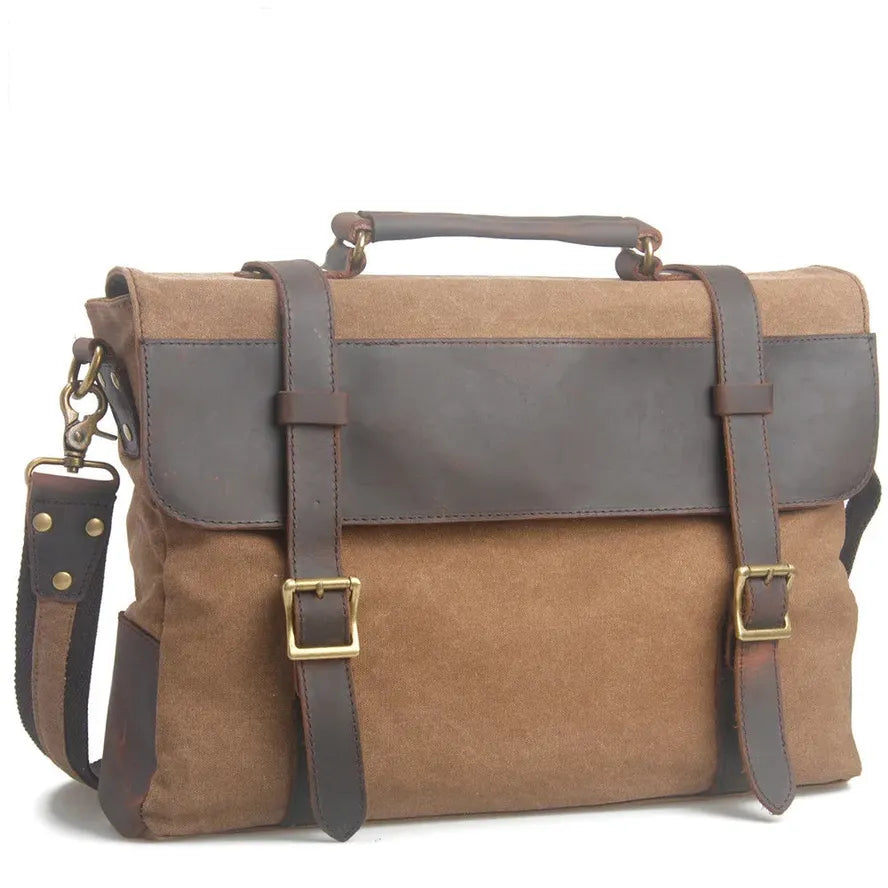 HKM-053395 Leather Messenger Attache Case with Shoulder Strap - Versatile Canvas and Cowhide Design, 39cm x 7.5cm x 28cm