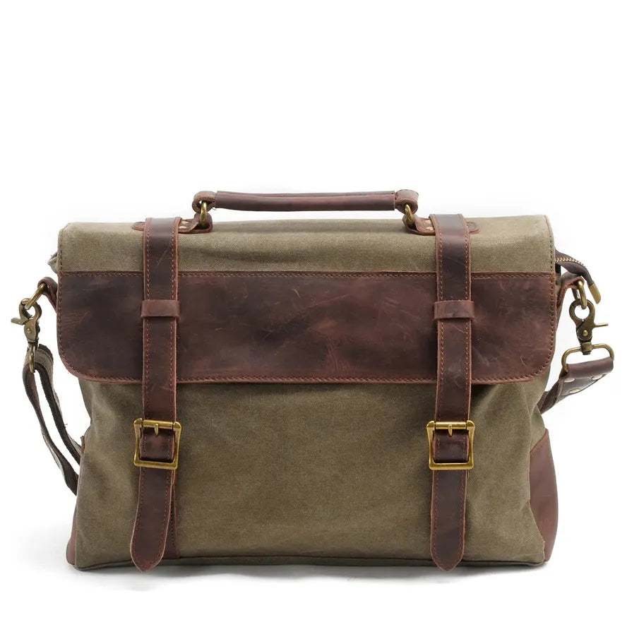 HKM-053395 Leather Messenger Attache Case with Shoulder Strap - Versatile Canvas and Cowhide Design, 39cm x 7.5cm x 28cm
