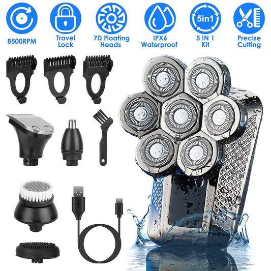 HKM-858579 5 in 1 Rechargeable Electric Rotary Head Shaver with Precision Trimmer and Waterproof Grooming Kit