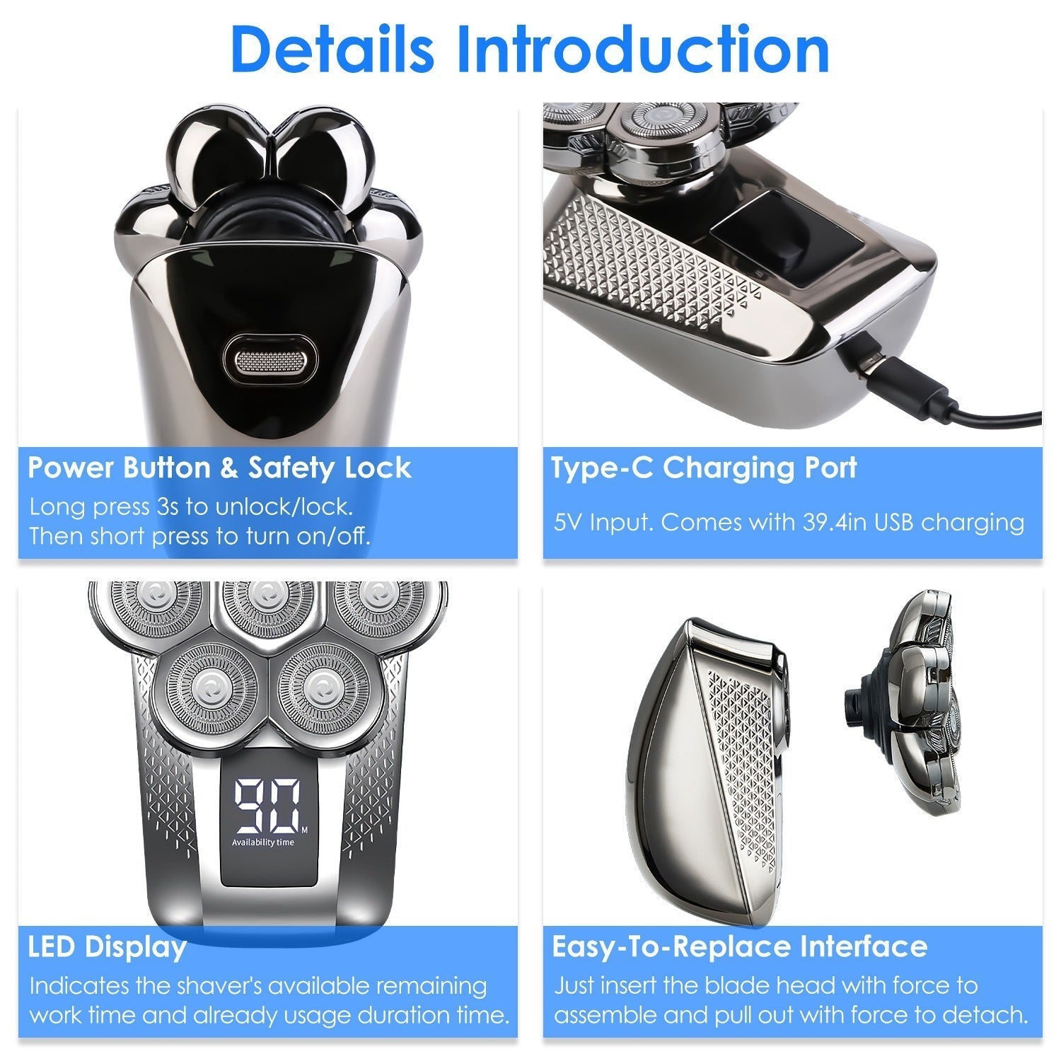 HKM-858579 5 in 1 Rechargeable Electric Rotary Head Shaver with Precision Trimmer and Waterproof Grooming Kit