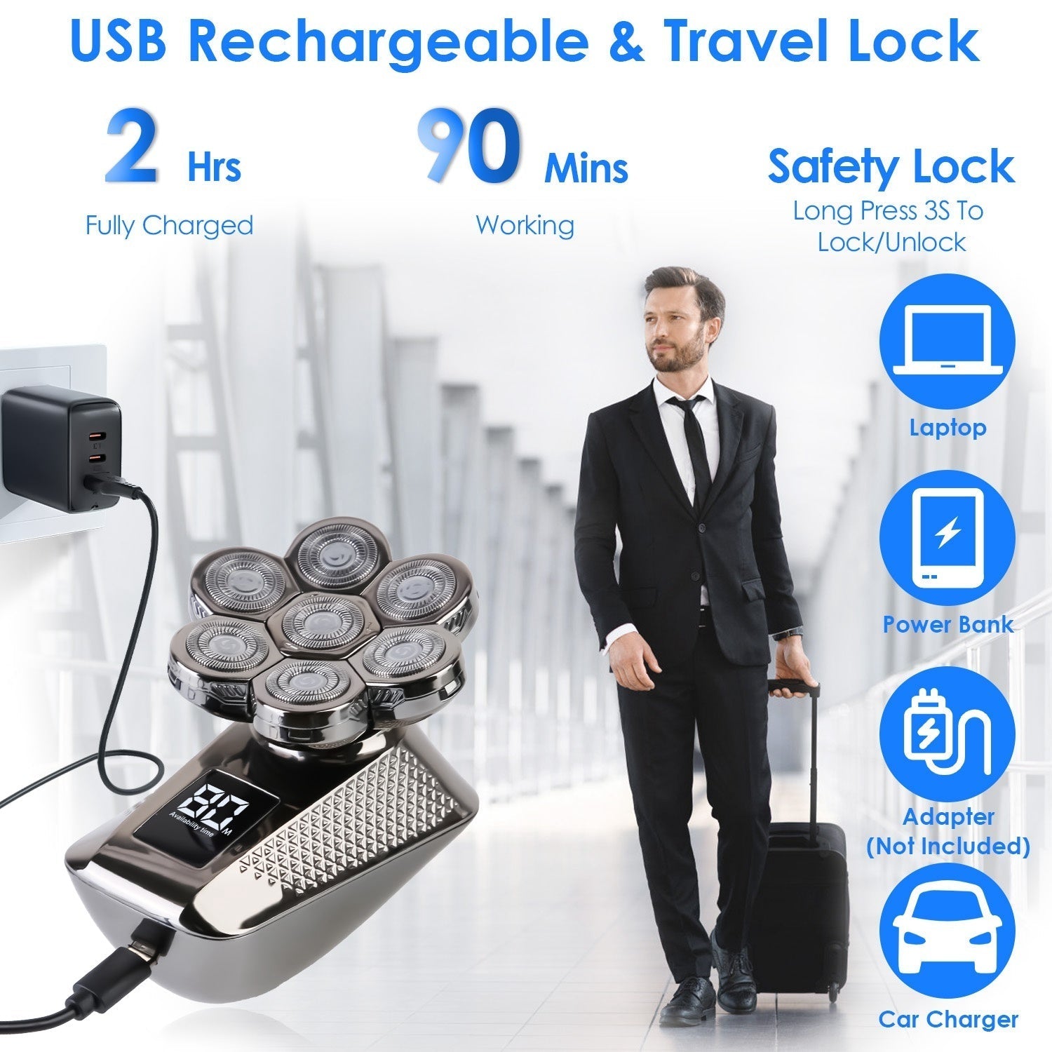 HKM-858579 5 in 1 Rechargeable Electric Rotary Head Shaver with Precision Trimmer and Waterproof Grooming Kit