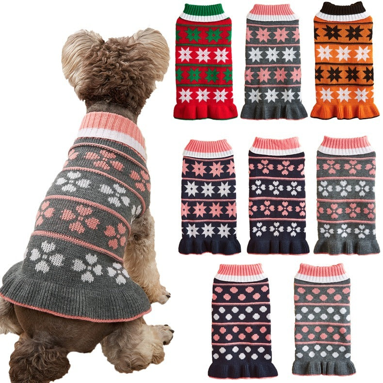 HKM-778067 Acrylic Fiber Princess Dog Sweater Skirt in Autumn Winter Star Wave Design