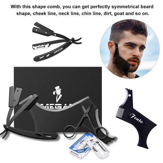 JMT-871562 Black Stainless Steel Shaving Set with Modeling Comb, Razor, Scissors, and Blades in Envelope Box