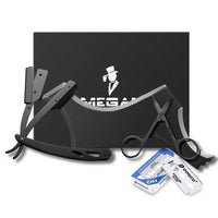 HKM-178771 Black Stainless Steel Shaving Set with Modeling Comb, Razor, Scissors, and Blades in Envelope Box