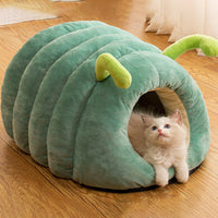HKM-841555 Animal Shape Cave Bed for Cats and Small Dogs - Plush Semi-Enclosed Sleeping Nest with Non-Slip Bottom