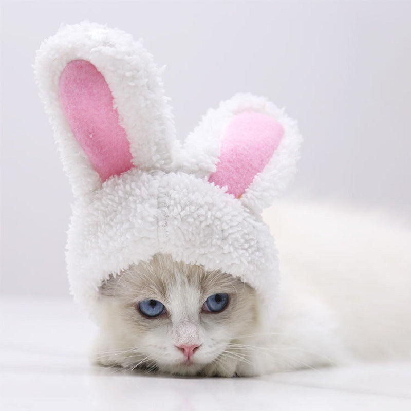 HKM-257875 Warm White Cashmere Rabbit Ears Hat for Pets, Suitable for 5-15 Cats