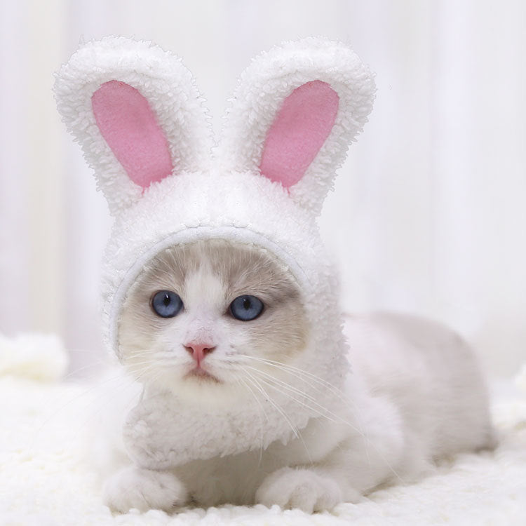 HKM-257875 Warm White Cashmere Rabbit Ears Hat for Pets, Suitable for 5-15 Cats