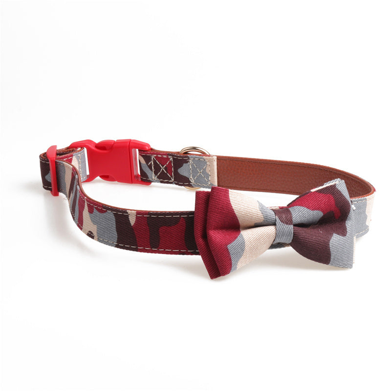 HKM-730131 Bowknot Adjustable Puppy Collar - Lattice Pattern, 100% Cotton & PU Leather, Fits Small to Large Dogs