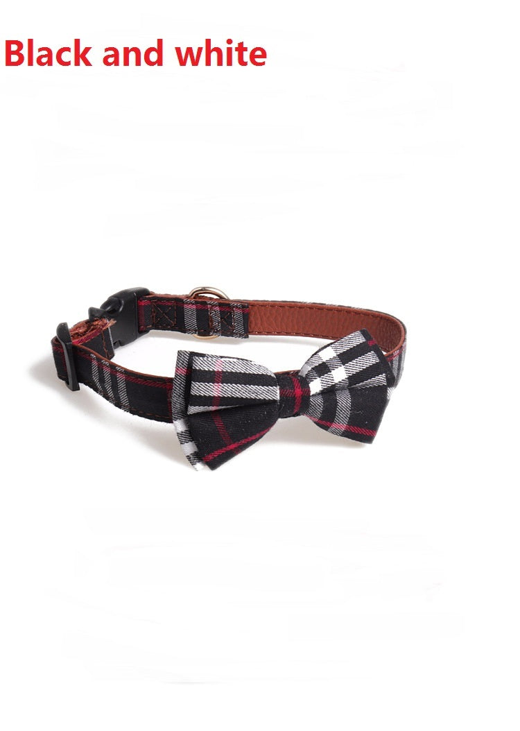 HKM-730131 Bowknot Adjustable Puppy Collar - Lattice Pattern, 100% Cotton & PU Leather, Fits Small to Large Dogs