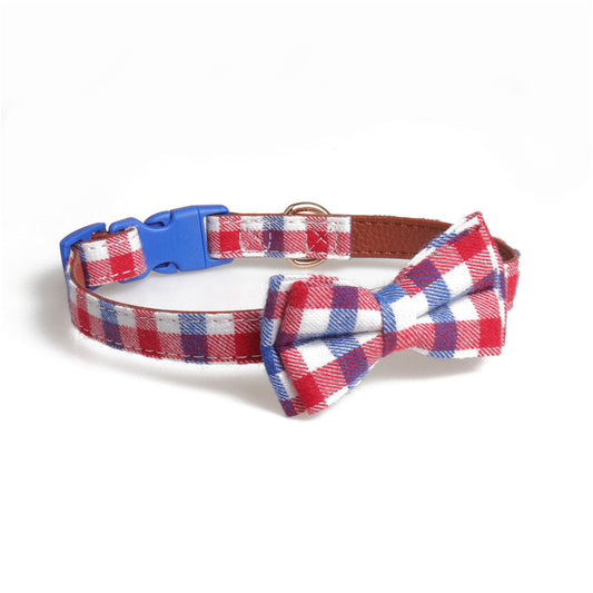 JMT-874442 Bowknot Adjustable Puppy Collar - Lattice Pattern, 100% Cotton & PU Leather, Fits Small to Large Dogs