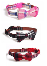 HKM-730131 Bowknot Adjustable Puppy Collar - Lattice Pattern, 100% Cotton & PU Leather, Fits Small to Large Dogs