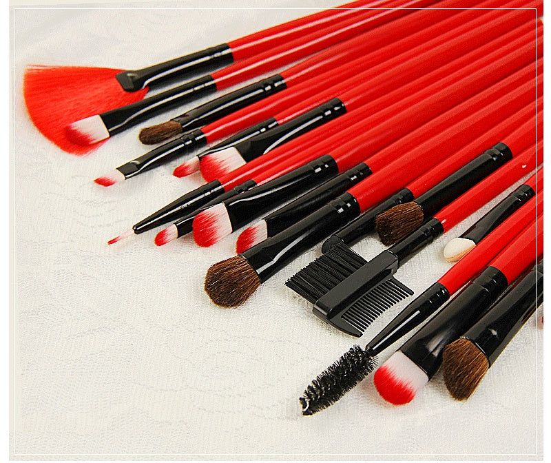 HKM-542611 24-Piece Red Makeup Brush Set with Nylon Bristles and Wooden Handles