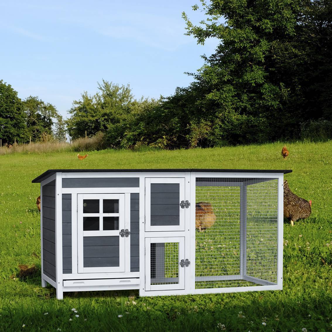 HKM-645267 Outdoor Chicken Hutch with Running Cage and Fir Wood Construction