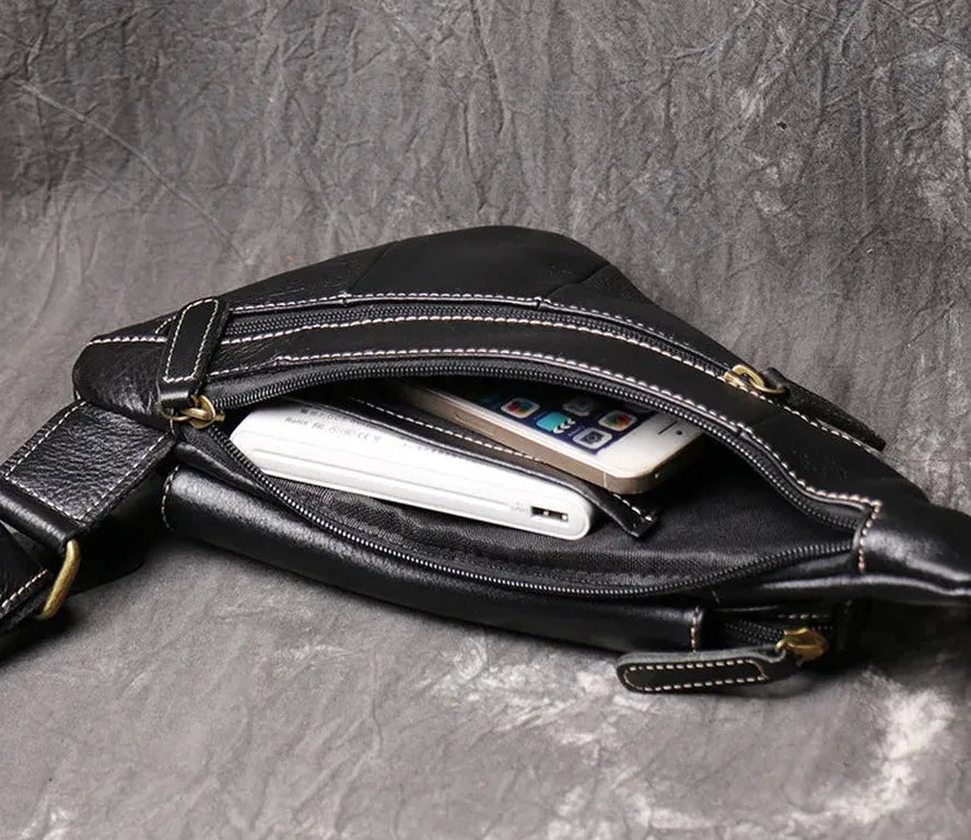 HKM-451667 Leather Men's Outdoor Leisure Chest Bag in Black and Coffee
