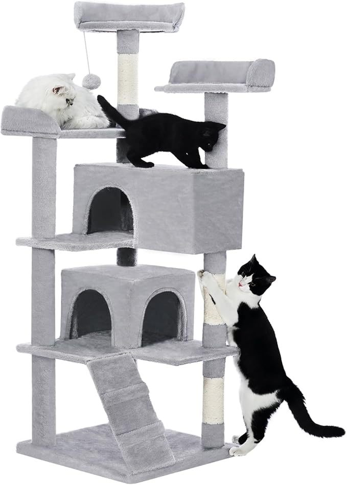 HKM-233939 56-Inch Multi-Level Cat Tree with Two Apartments, Scratching Posts, and Toys in Light Gray