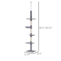 HKM-068947 9 Foot Adjustable Height Vertical Cat Tree with Carpeted Platforms and Sisal Rope Scratching Areas - Grey and White