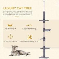 HKM-068947 9 Foot Adjustable Height Vertical Cat Tree with Carpeted Platforms and Sisal Rope Scratching Areas - Grey and White