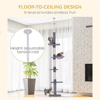 HKM-068947 9 Foot Adjustable Height Vertical Cat Tree with Carpeted Platforms and Sisal Rope Scratching Areas - Grey and White
