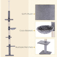 HKM-068947 9 Foot Adjustable Height Vertical Cat Tree with Carpeted Platforms and Sisal Rope Scratching Areas - Grey and White