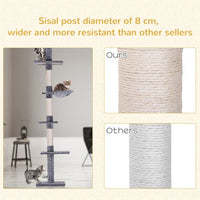 HKM-068947 9 Foot Adjustable Height Vertical Cat Tree with Carpeted Platforms and Sisal Rope Scratching Areas - Grey and White