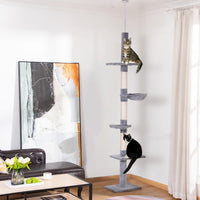 HKM-068947 9 Foot Adjustable Height Vertical Cat Tree with Carpeted Platforms and Sisal Rope Scratching Areas - Grey and White
