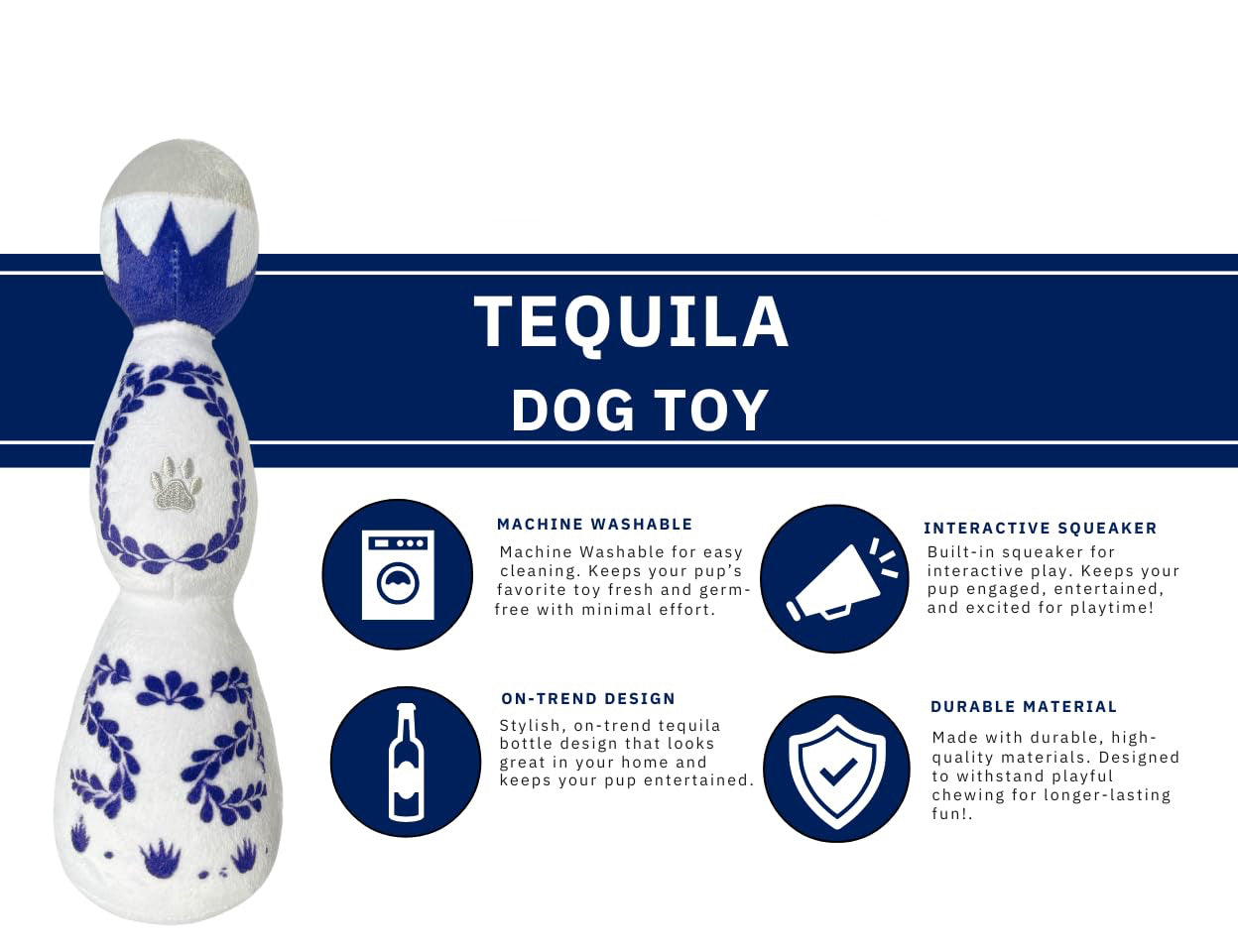 HKM-202515 Plush Tequila Bottle Dog Toy with Squeaker for Interactive Fun, All Dog Sizes