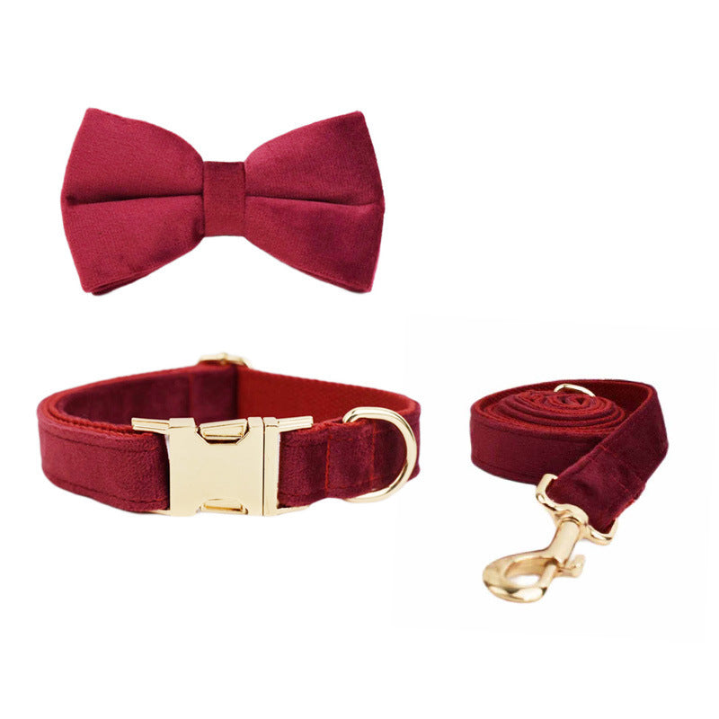 HKM-467475 Velvet Pet Collar with Adjustable Traction Rope and Bow Tie Set
