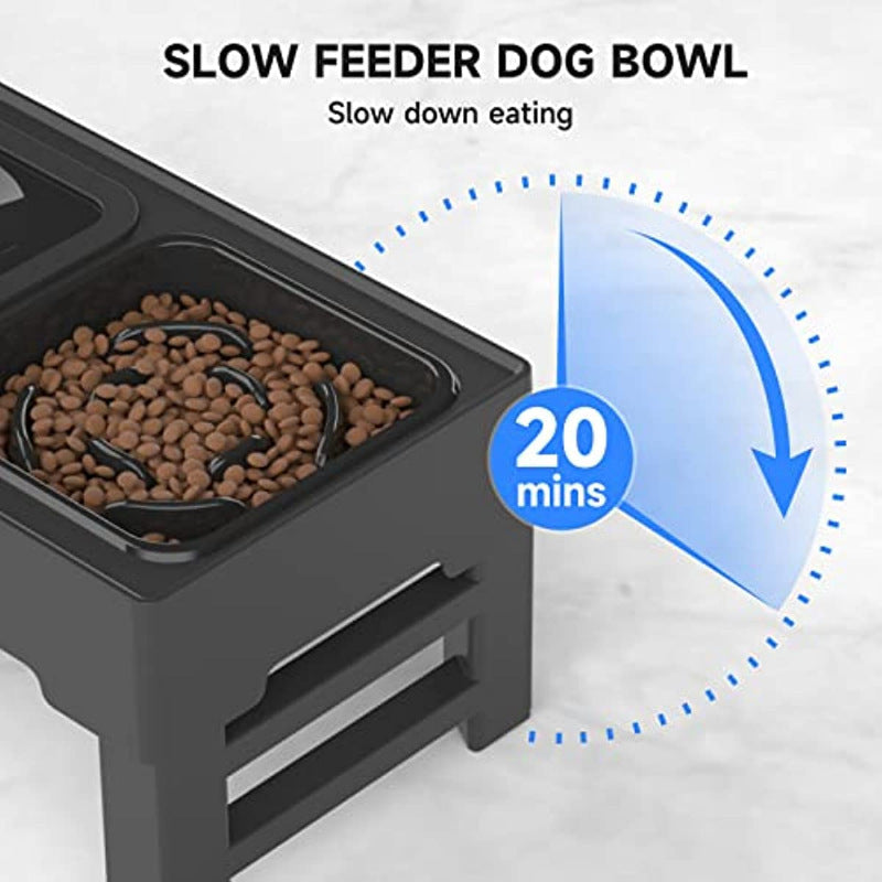 HKM-168595 Adjustable Elevated Dog Bowl with Slow Feeder & Non-Spill Water Bowl - Ideal for Small, Medium, and Large Dogs