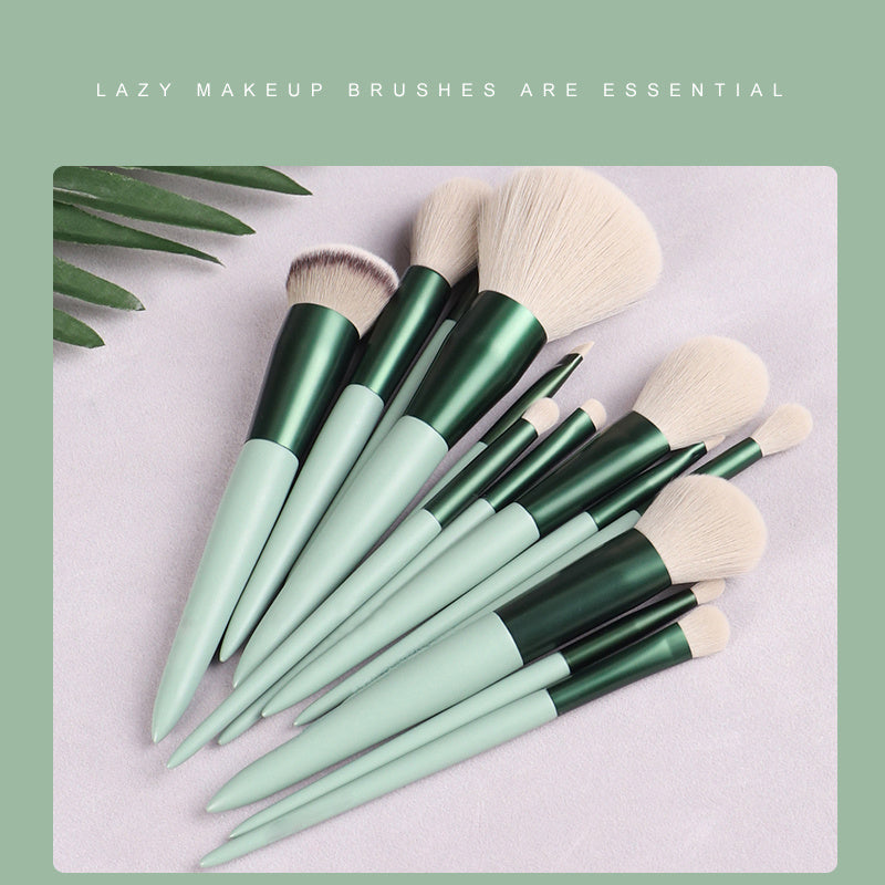 HKM-083667 13-Piece Green Makeup Brush Set with Foundation and Eye Brushes - Fiber Wool and Solid Wood Design