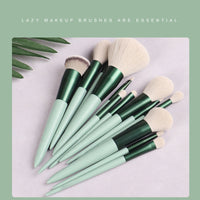 HKM-083667 13-Piece Green Makeup Brush Set with Foundation and Eye Brushes - Fiber Wool and Solid Wood Design