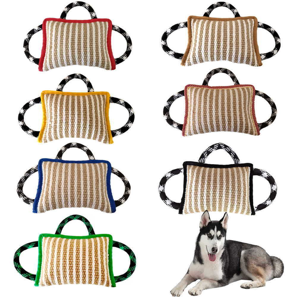 HKM-136339 Interactive Dog Jute Bite Pillow with 3 Handles for Tug-of-War Play and Training, Medium to Large Dogs