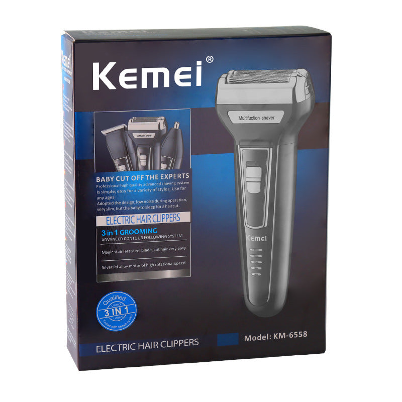 HKM-808851 Electric Shaver Set with Nose Hair Trimmer and Cleaning Accessories - Black, Rechargeable, Compact Design