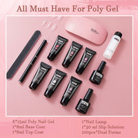 HKM-725779 Poly Gel Nail Extension Kit with UV Light – Includes 6 Coloring Gels, Base & Top Coat, Dual Forms, and Tools for Easy DIY Manicure