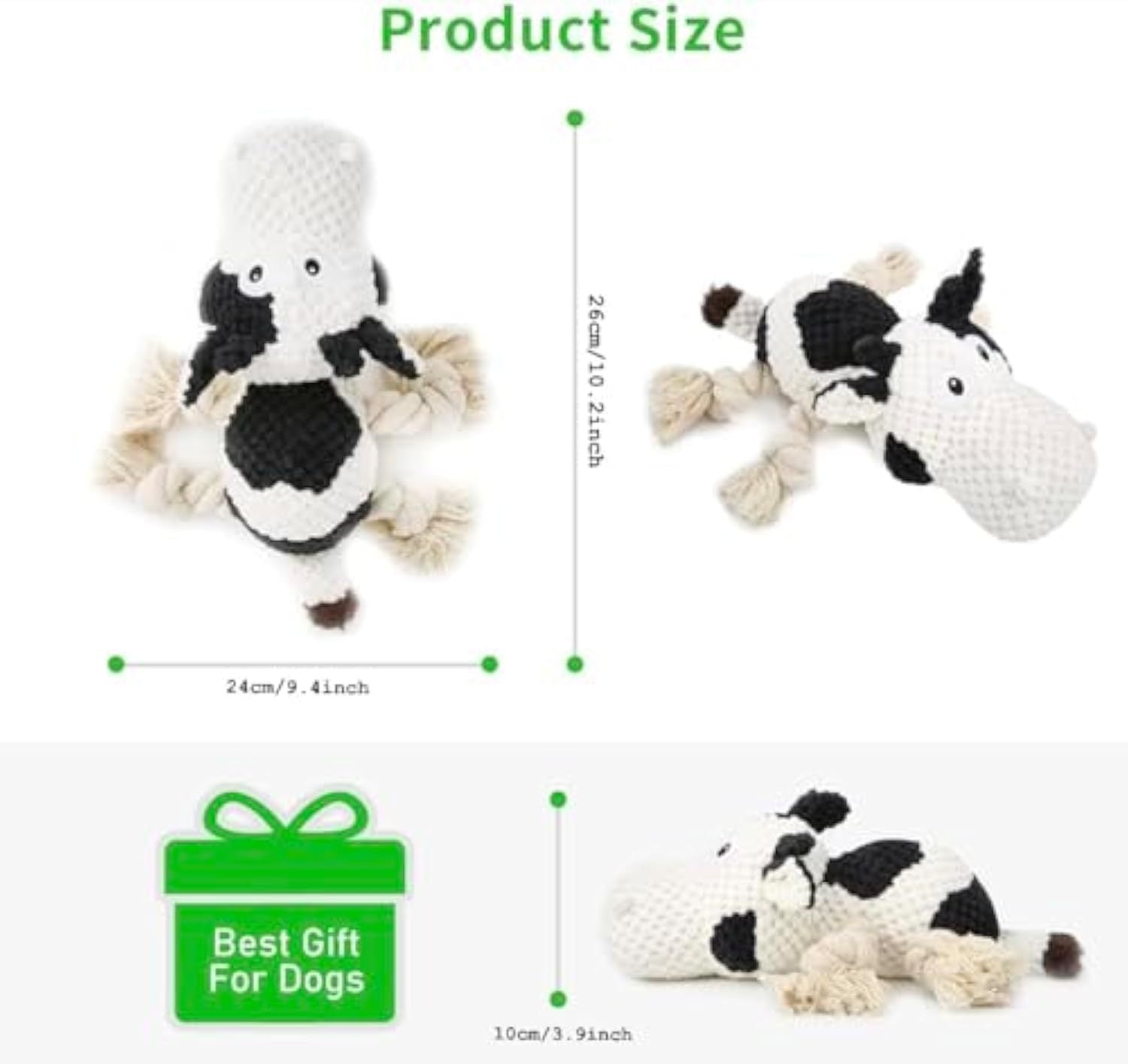 HKM-602323 Durable Cow Plush Dog Toy with Squeaker – Interactive Chew Toy for Small, Medium, and Large Dogs
