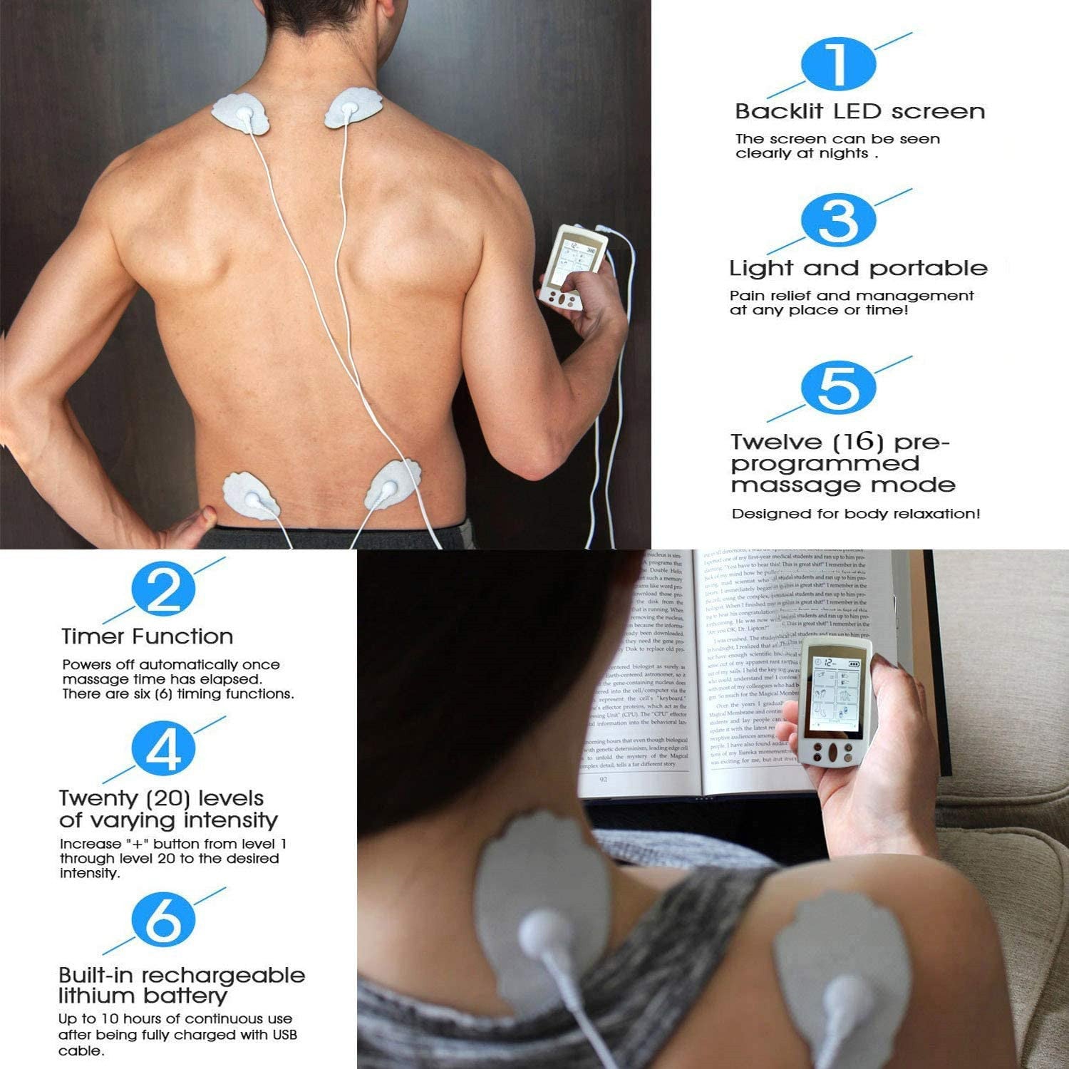 HKM-443795 Double 16 Mode Rechargeable TENS Neck Massager for Head, Neck, Back, and Legs