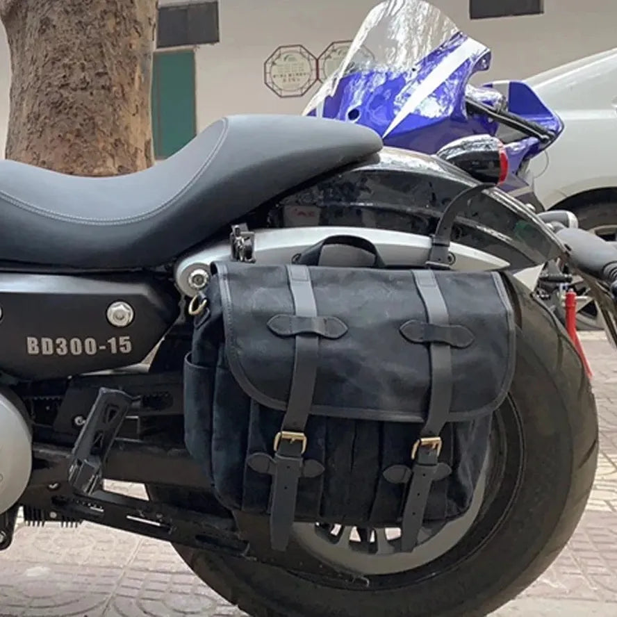 KTX-417747 Custom Waxed Canvas Motorcycle Side Bag - Adventure Dry Pack, Vintage Design, Zipper Closure, 9.6L Capacity