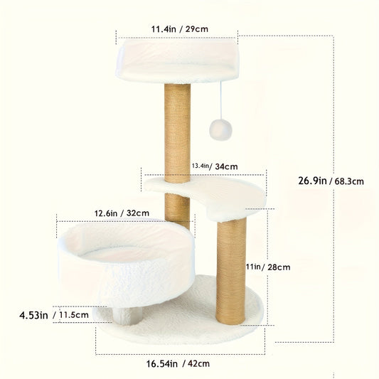 HKM-054291 Elegant Cat Tree with Scratching Posts - Durable Wooden Fiber Design, Effortless Assembly for Cats