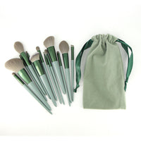 HKM-742483 Green Wooden Handle Quick-Drying Soft Fur Makeup Brush Set - 13-Piece with Storage Bag