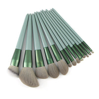 HKM-742483 Green Wooden Handle Quick-Drying Soft Fur Makeup Brush Set - 13-Piece with Storage Bag