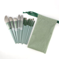 HKM-742483 Green Wooden Handle Quick-Drying Soft Fur Makeup Brush Set - 13-Piece with Storage Bag
